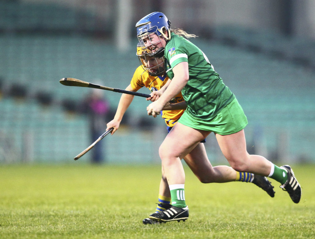 REPRO FREE***PRESS RELEASE NO REPRODUCTION FEE*** EDITORIAL USE ONLY 
Littlewoods Ireland Camogie League Division 1 Round 3, Gaelic Grounds, Limerick 2/2/2019
Limerick vs Clare
Limerick's Caoimhe Lyons in action against Clare's Andrea O'Keeffe 
Mandatory Credit ©INPHO/Ken Sutton