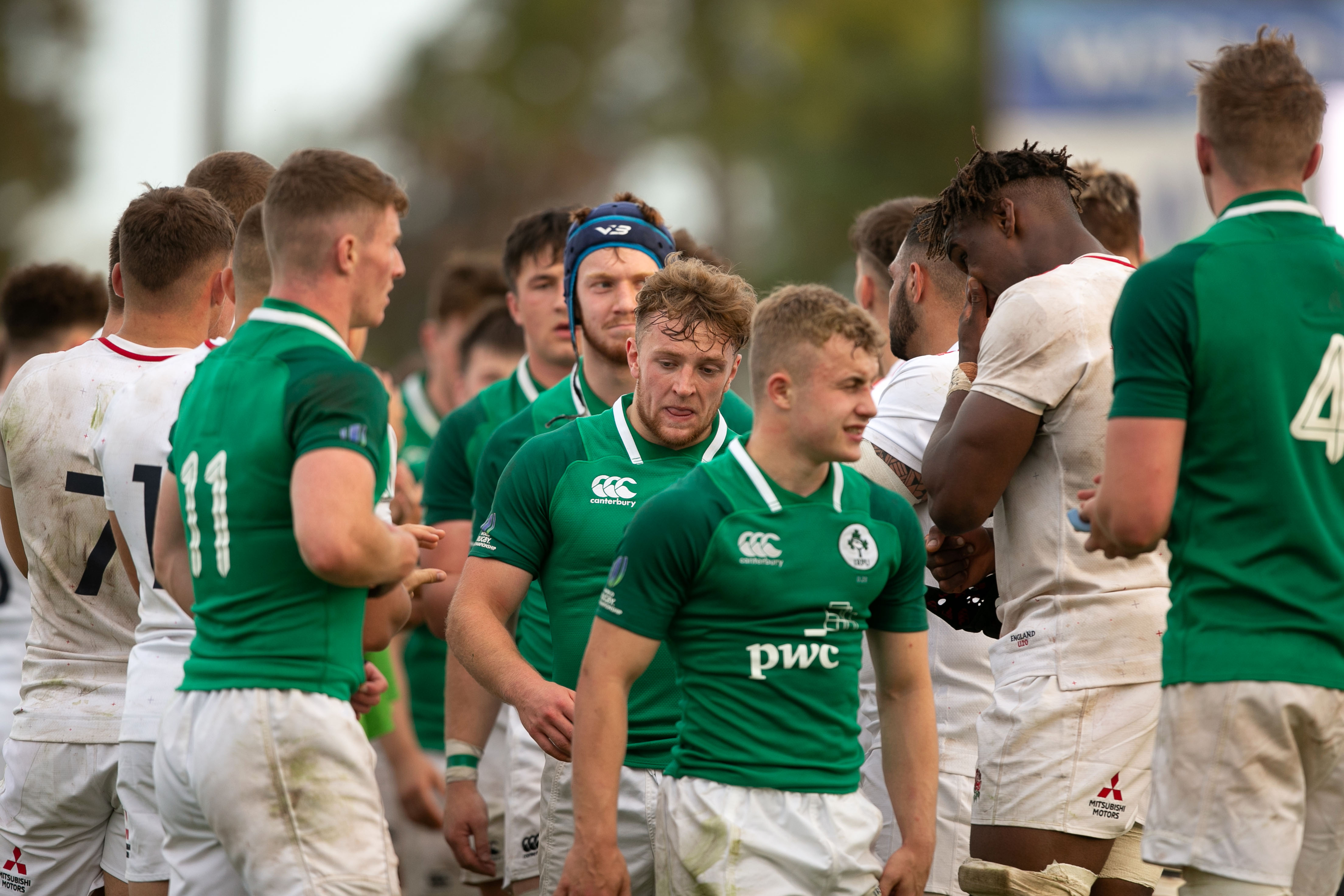 Ireland players celebrate winning as the England team clap them off the