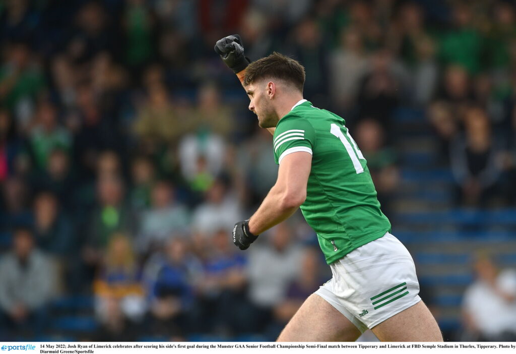 14 May 2022; Josh Ryan of Limerick celebrates after scoring his side's first goal during the Munster GAA Senior Football Championship Semi-Final match between Tipperary and Limerick at FBD Semple Stadium in Thurles, Tipperary. Photo by Diarmuid Greene/Sportsfile