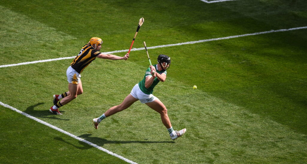 17 July 2022; Gearóid Hegarty of Limerick scores his side's first goal during the GAA Hurling All-Ireland Senior Championship Final match between Kilkenny and Limerick at Croke Park in Dublin. Photo by Daire Brennan/Sportsfile