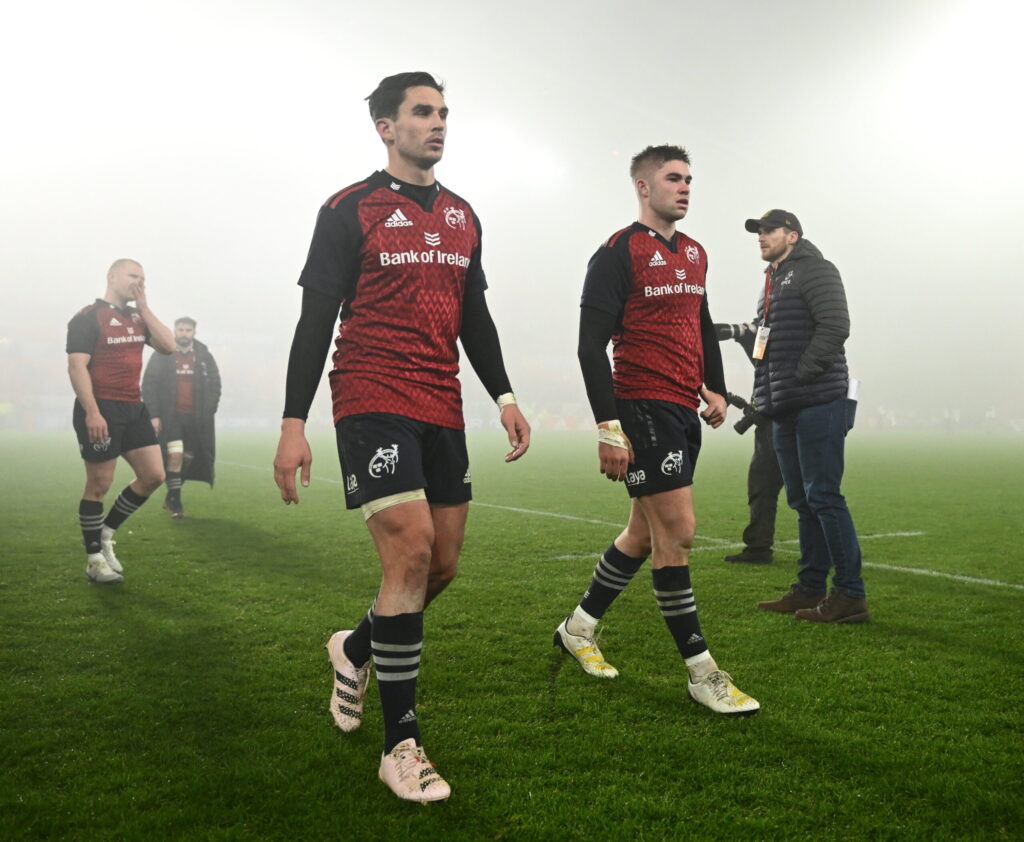 11 December 2022; Joey Carbery and Jack Crowley of Munster after their side's defeat in the Heineken Champions Cup Pool B Round 1 match between Munster and Toulouse at Thomond Park in Limerick. Photo by Harry Murphy/Sportsfile