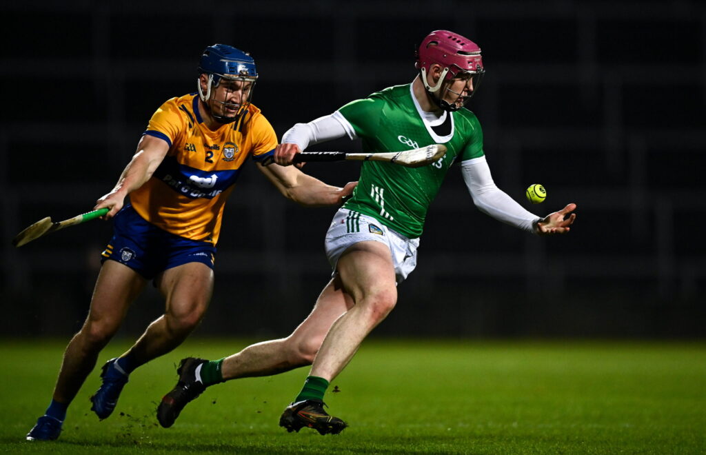 11 February 2023; Shane O'Brien of Limerick in action against Adam Hogan of Clare during the Allianz Hurling League Division 1 Group A match between Limerick and Clare at TUS Gaelic Grounds in Limerick. Photo by Eóin Noonan/Sportsfile