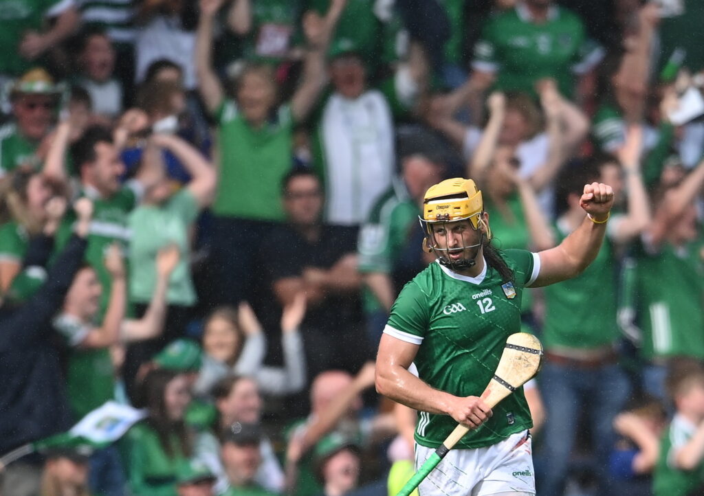 21 May 2023; Tom Morrissey of Limerick celebrates after scoring a late second half point during the Munster GAA Hurling Senior Championship Round 4 match between Tipperary and Limerick at FBD Semple Stadium in Thurles, Tipperary. Photo by Piaras Ó Mídheach/Sportsfile