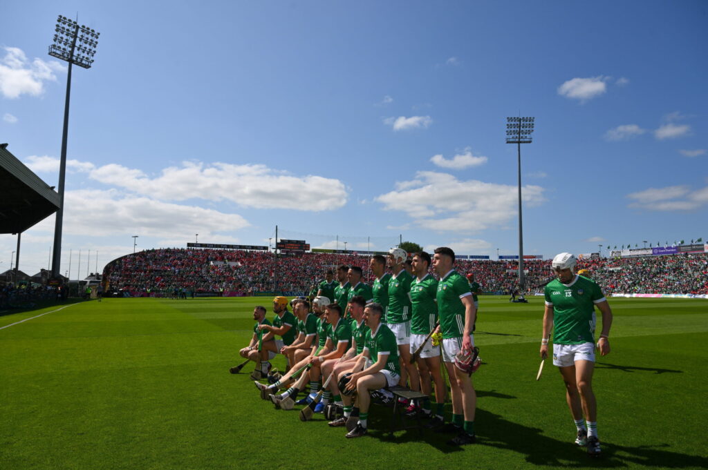 28 May 2023; The Limerick players gather for the pre-match team photograph ahead of the Munster GAA Hurling Senior Championship Round 5 match between Limerick and Cork at TUS Gaelic Grounds in Limerick. Photo by Ray McManus/Sportsfile